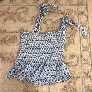 J. Crew Blue and White Smocked Camisole with Tie Front
